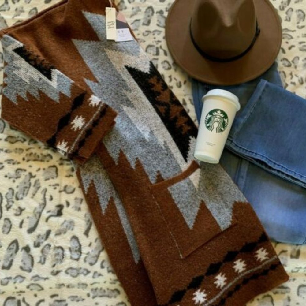 New Tribal Boho Brown Western Cardigan Sweater - Picture 4 of 6